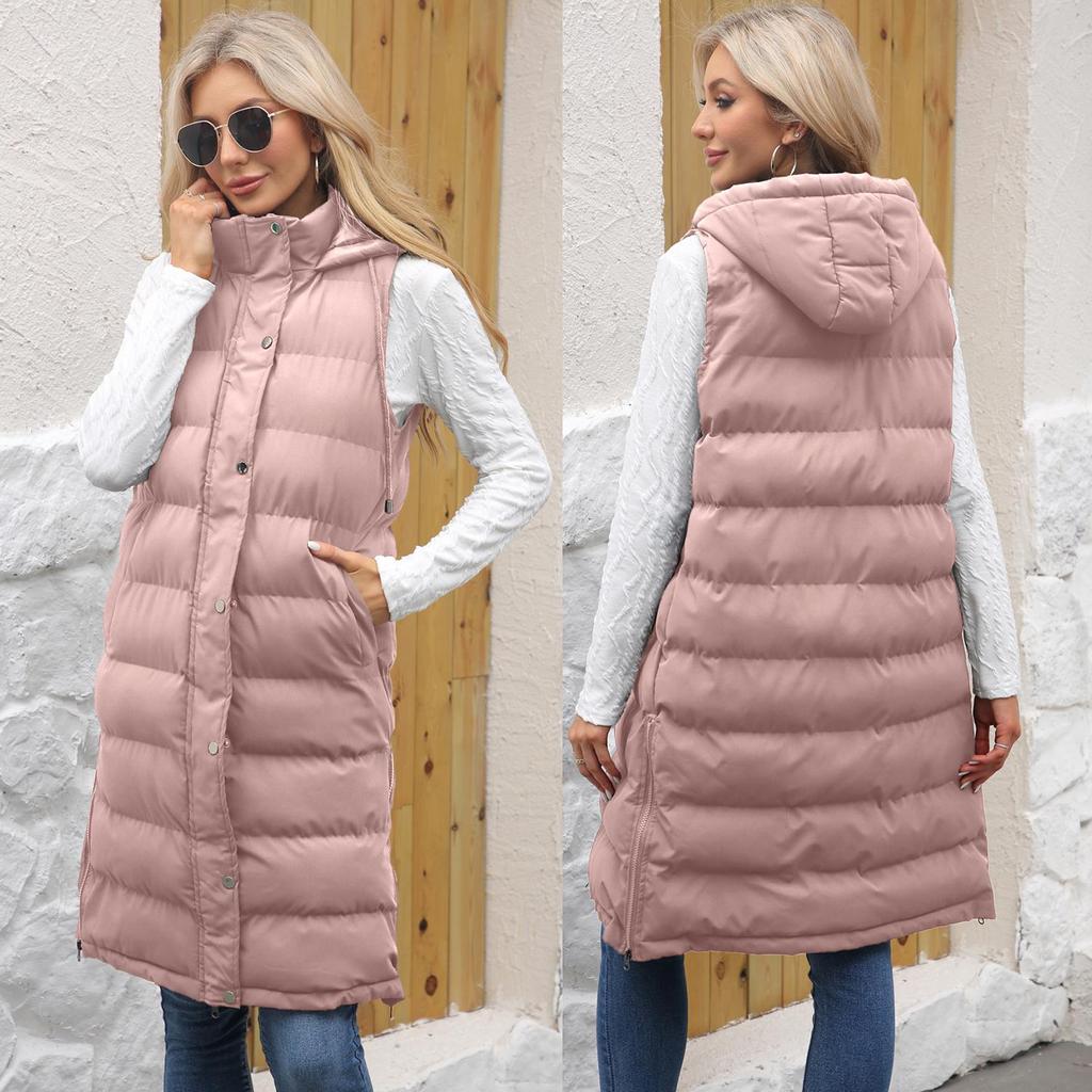 Women’s Coats Hooded Sleeves Long Style Solid Color Vest Quilted Jacket Autumn Winter Thick Warm Outer Wear