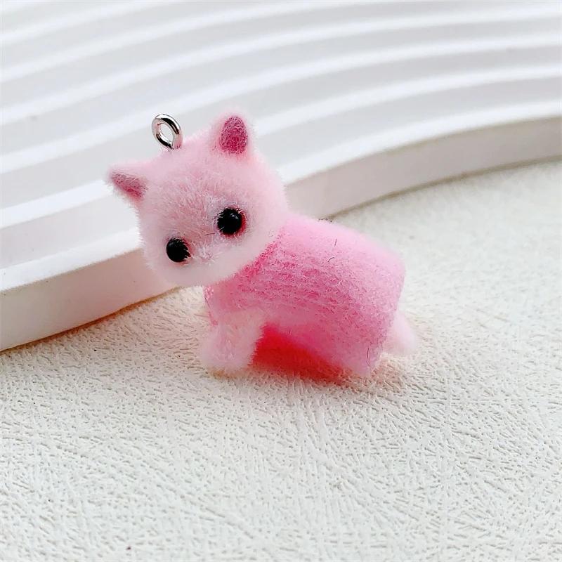 Dress Cat Pendant Cute 3D Hairy Flocking Animal Cat Charms Miniature Dolls Keychain Necklace Pendant DIY Crafts Jewelry Make