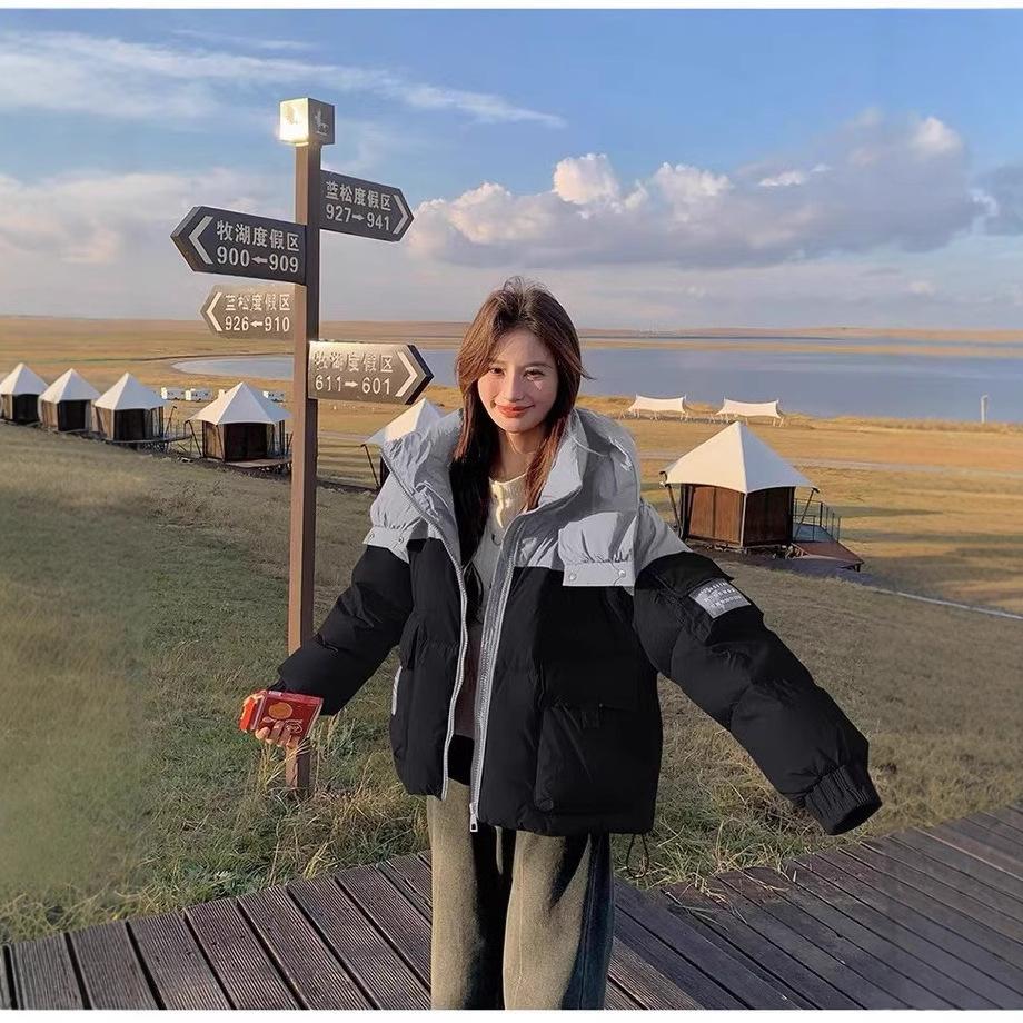 Splicing contrasting color puffs long short down jackets women's winter new lazy white duck down bread clothes