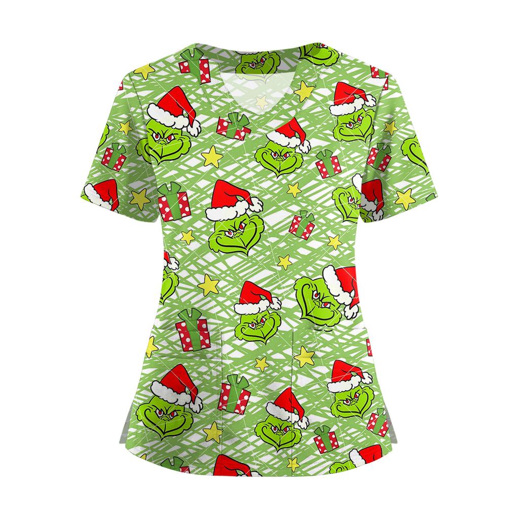 Damski T-shirt z krótkim rękawem z nadrukiem świątecznym, dekoltem w serek, zapinany na guziki z rozcięciem z boku