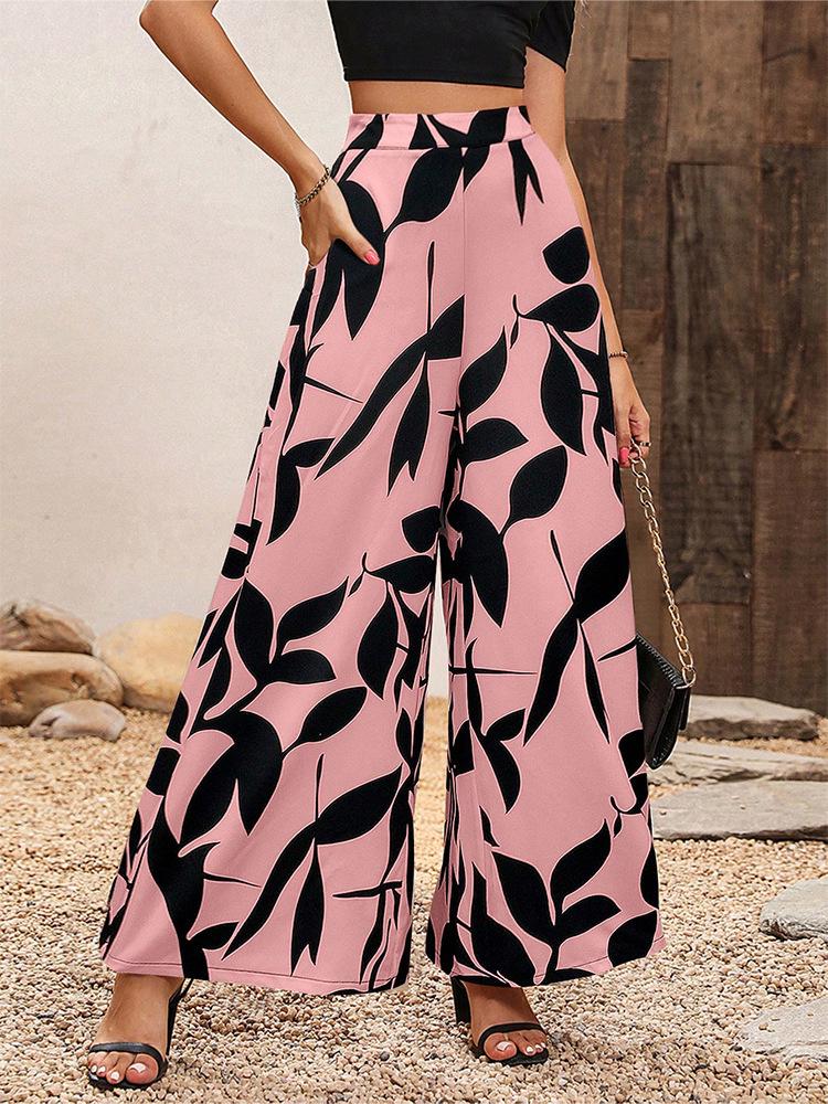 Women's 2026 Summer Chiffon Leaf Print High Waist Wide Leg Pants