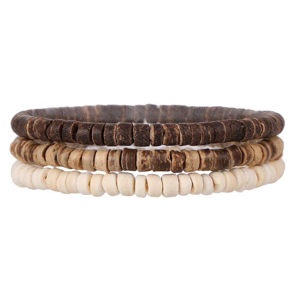 Natural Stone Wood Chip Coconut Shell Elastic Beaded Bracelet Set Retro Couple Beach Bracelet