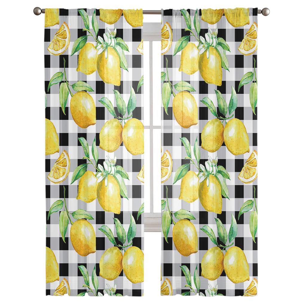 Watercolor Lemon Plaid Window Treatment Tulle Modern Sheer Curtains for Kitchen Living Room the Bedroom Curtains Decoration
