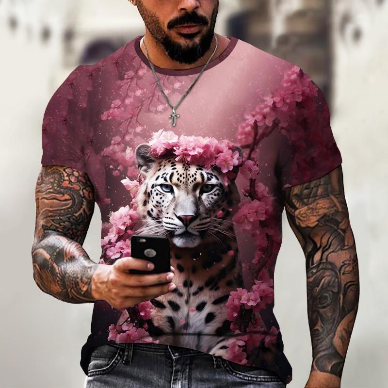 Vintage Animal T-Shirt Mens T Shirt 3d Fierce Leopard Print Tee Summer Short Sleeve Holiday T Shirt Loose Clothing Male Pullover