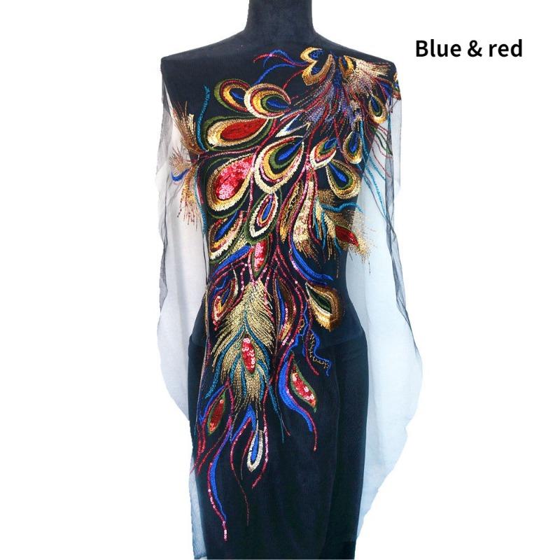 Red Blue Sequin Embroidered Phoenix Peacock Feather Black Mesh Wedding Gown Applique Lace Trim Sewing Patch Dress DIY