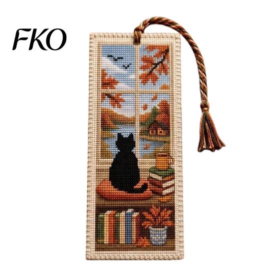 Delicate Stitching Bookmark DIY Stitch Kit for Adults Beginners, Seasonal Cat Retro Handmade Embroidery Kit, Gifts Lovers, Readers Craftsmanship