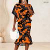 Women Plus Size Printed Round Neck Batwing Sleeve Ruffle Hem Top Fishtail Skirt Two Piece Set