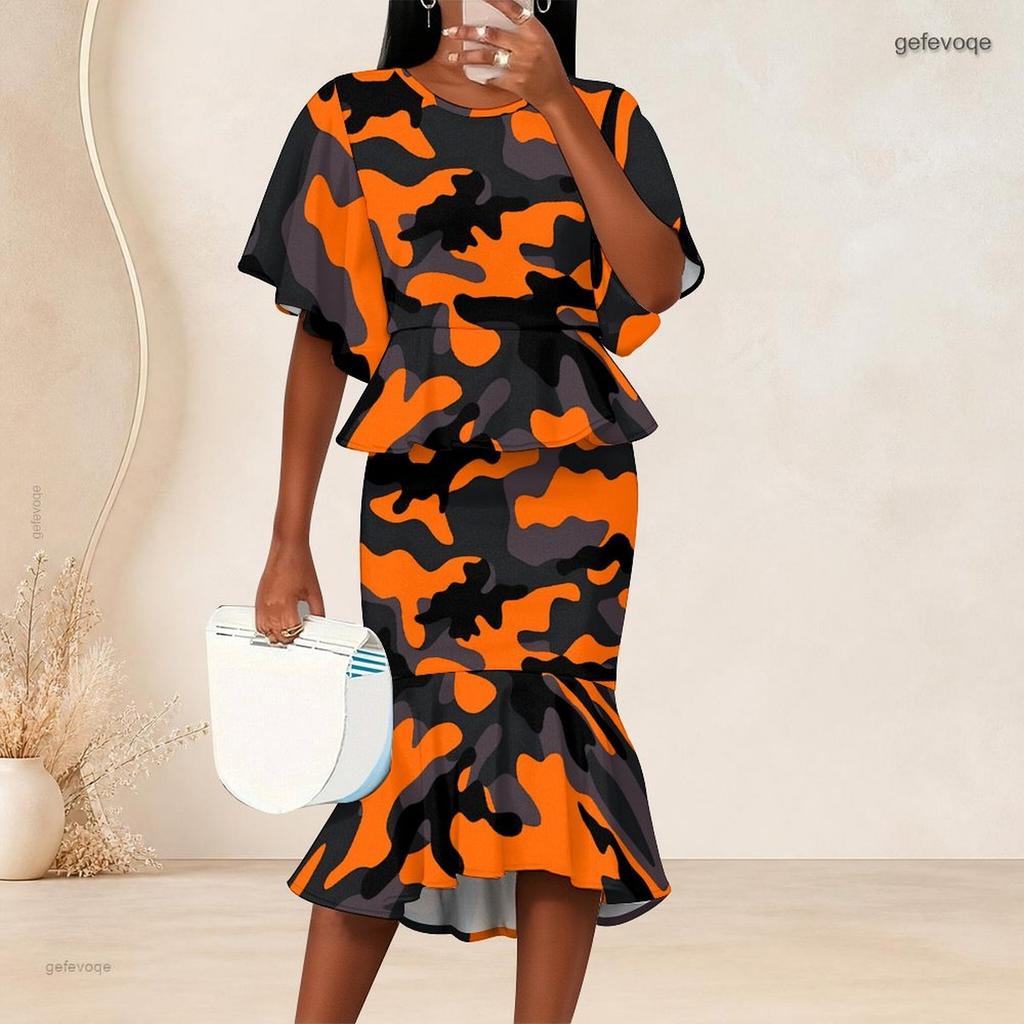 Women Plus Size Printed Round Neck Batwing Sleeve Ruffle Hem Top Fishtail Skirt Two Piece Set