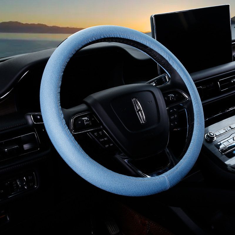 Car Steering Wheel Cover D-Shaped Handlebar Cover Summer Breathable Non-Slip Sweat-Absorbent Linen All-Season Universal Cartoon Cute for Women