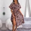 Women Summer Loose Leopard Print Shirt Dress Lace Up Single Breasted