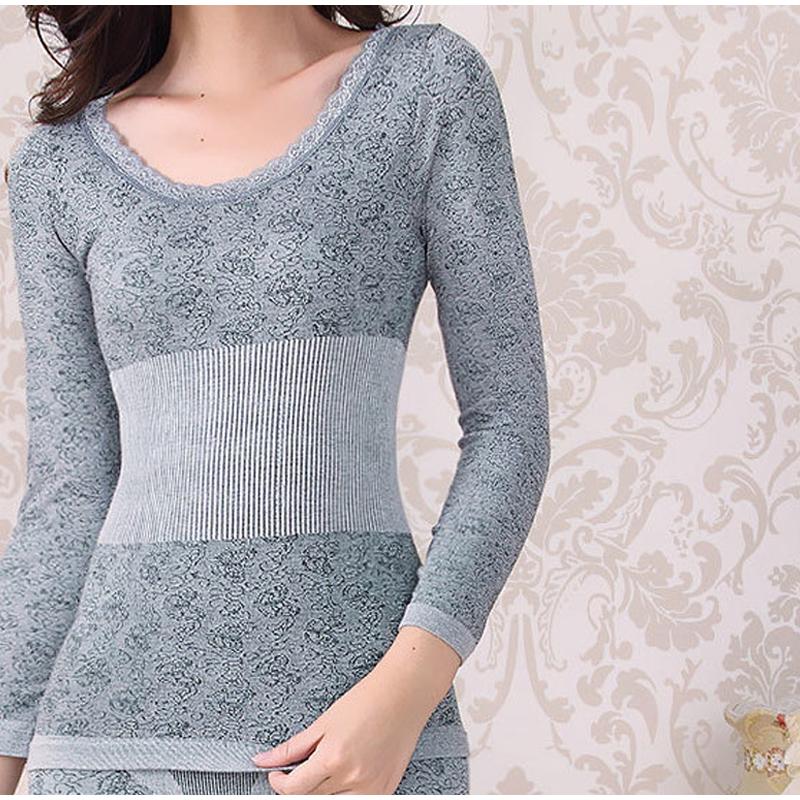 Sexy Women Underwear Thermal Sets High Neck Long Sleeve Top and Elastic Waist Bottom Comfortable Suit