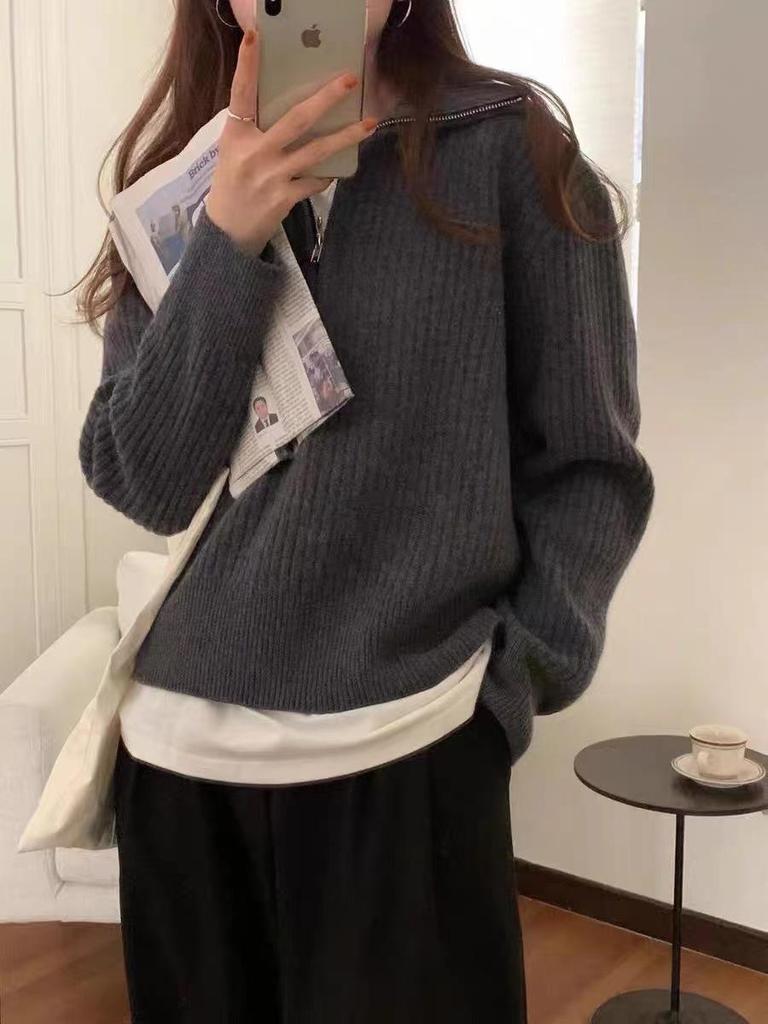 Korean Half-Zip Long-Sleeve Pullover Sweater for Women - 2026 Autumn/Winter Collection: Loose, Casual Knitwear