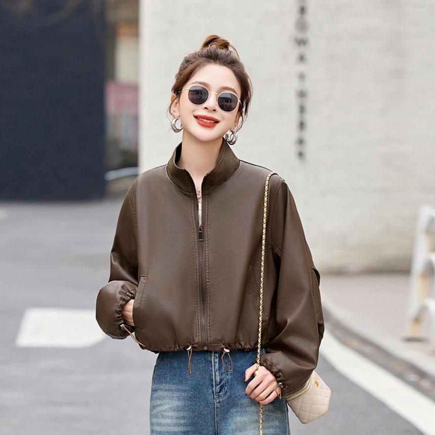 

Кожаная куртка с рукавами-фонариками, женский кожаный короткий топ, весна-осень, новая одежда в стиле локомотив на молнии, куртка в стиле милитари L кофейный