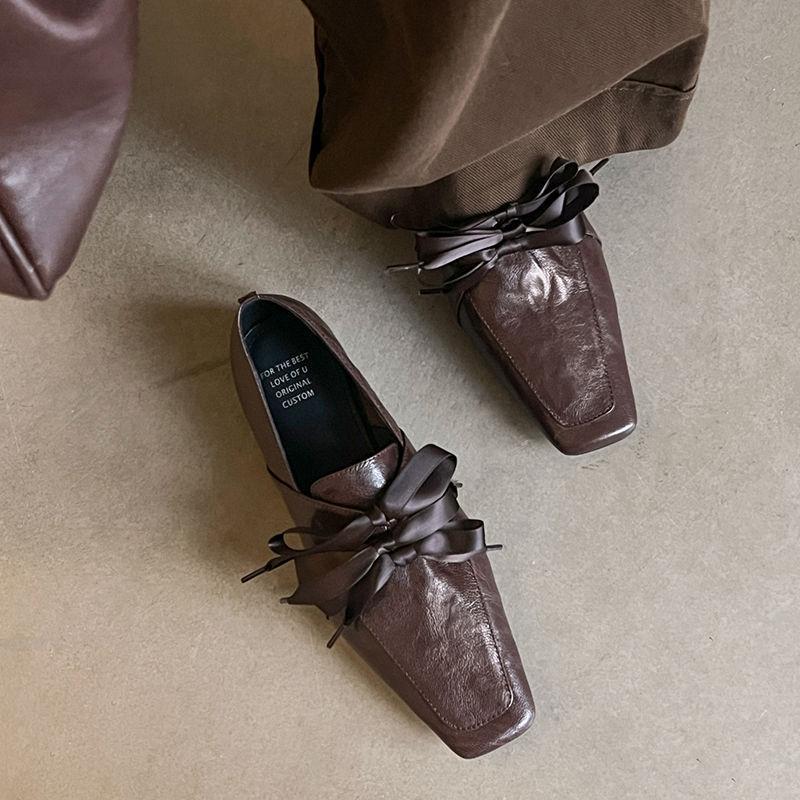 Fashion Retro Square Toe Leather PU Women Loafers Comfort Low Heel Bow Tie Designer Mules Casual Shoes for Women Elegant Ballet Flats