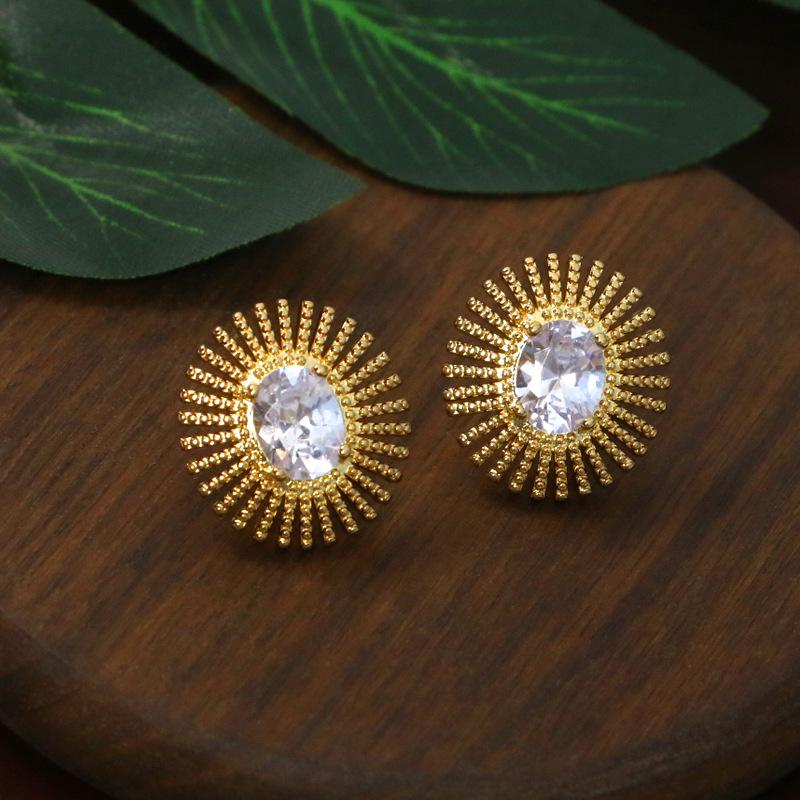 Vintage French-Style Sunflower Zircon Stud Earrings with Brass and S925 Silver Pins