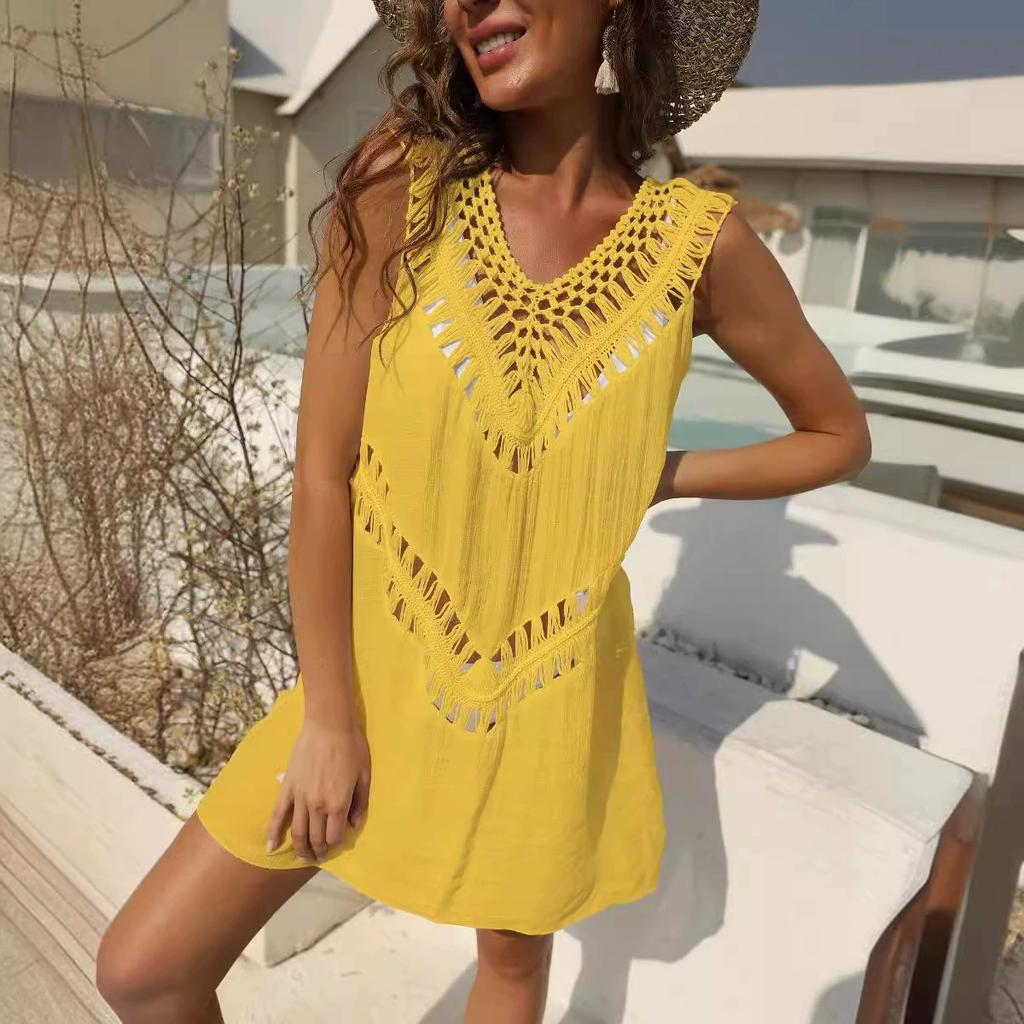 Beach Dress Tunic Cover Ups for Women Outfits Cover-ups Summer Knitted V-neck Vest A-line Skirt Sexy Beach Bikini Cover Up