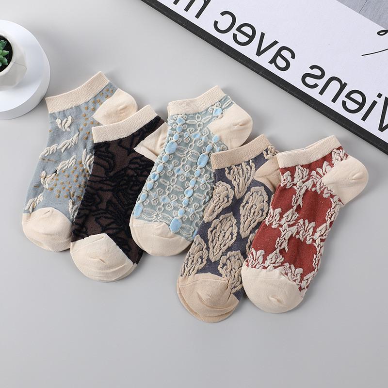5 Pairs Set Flowers Socks Women Pack Ankle Harajuku Kawaii Cute Cotton Skarpetkie Damski Korea Style Floral Invisible No Show