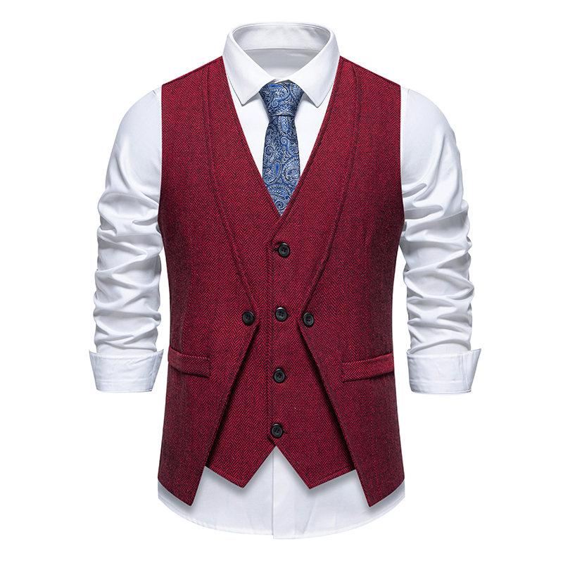 England Style Men's Suit Vests Fake Two Pieces Business Casual Waistcoats Vintage Mens Formal Dress Vest