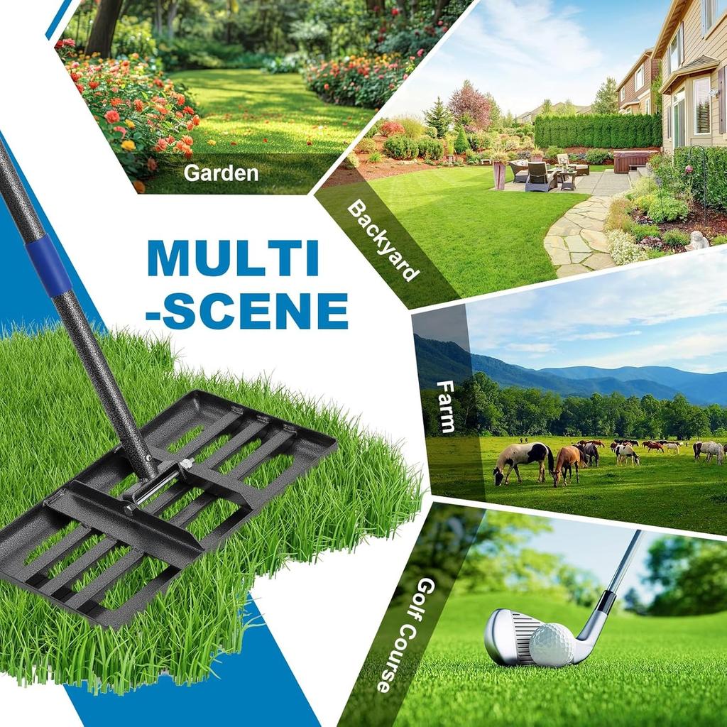 Lawn Leveling Rake, 43 X 25 Cm Levelawn Tool with Effort Saving Curved Edge, 6 FT Metal Lawn Leveler Heavy Duty, Move Soil Ground Surfaces Freely