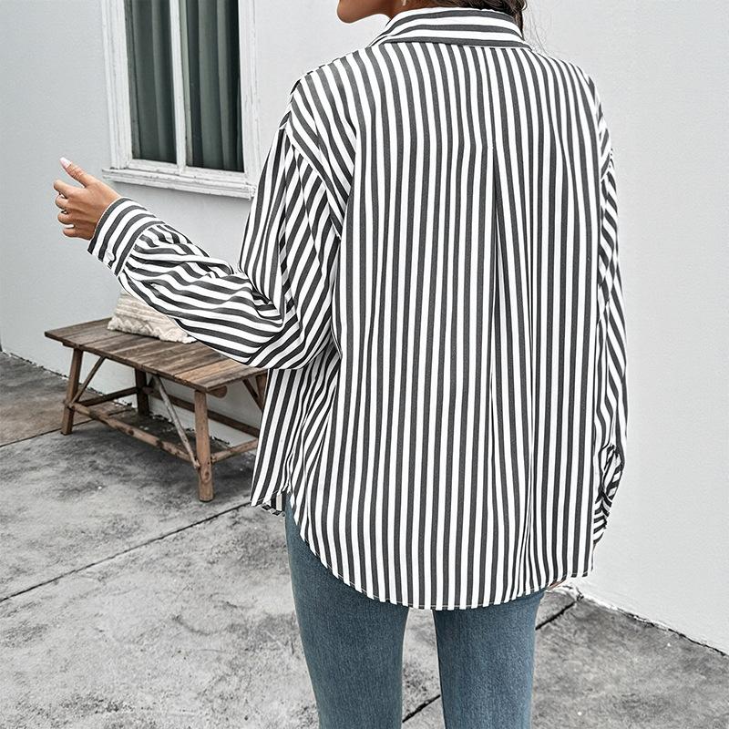 Simple Lapel Women's Autumn New Casual Striped Long-sleeved Shirt Thin Jacket for Women