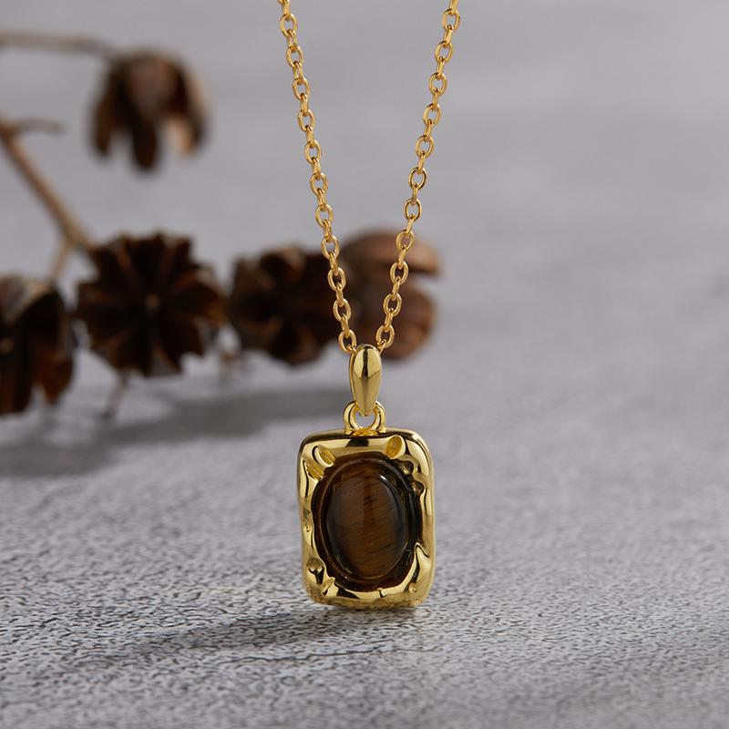 S925 Sterling Silver Natural Malachite Blue Gold Tiger'S Eye Stone White Fritillary Colored Treasure Necklace Women'S French Retro Fashion