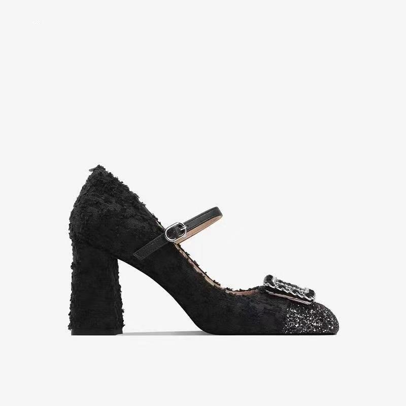 Women's shallow mouth with high heels, thick heels, single shoes, rhinestone square head, new in spring and autumn