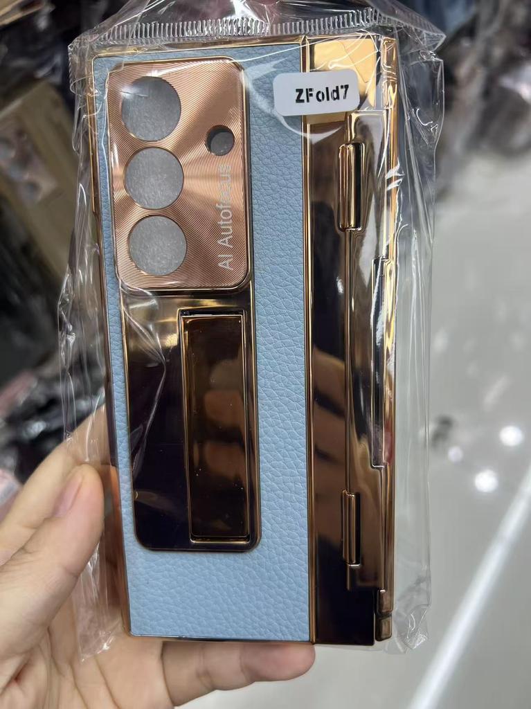 Full Protection Hinge Case for Samsung Galaxy Z Fold8 Ultra / 7 6 5 4 3 Plating PC+Leather Tempered Film Folding Kickstand Cover