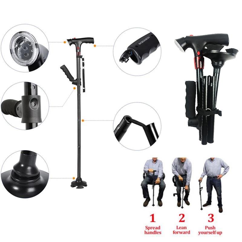 Zusammenklappbarer Teleskop-Faltstock Seniorenstock LED Gehstock Vertrauenswürdige Stöcke Seniorenkrücken für Mütter Die älteren Väter mit Alarm