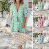 Maxi Dress High Waist A Line Bohemian Style Summer Spring Printing Swing Pleated V Neck Lantern Sleeves Dress