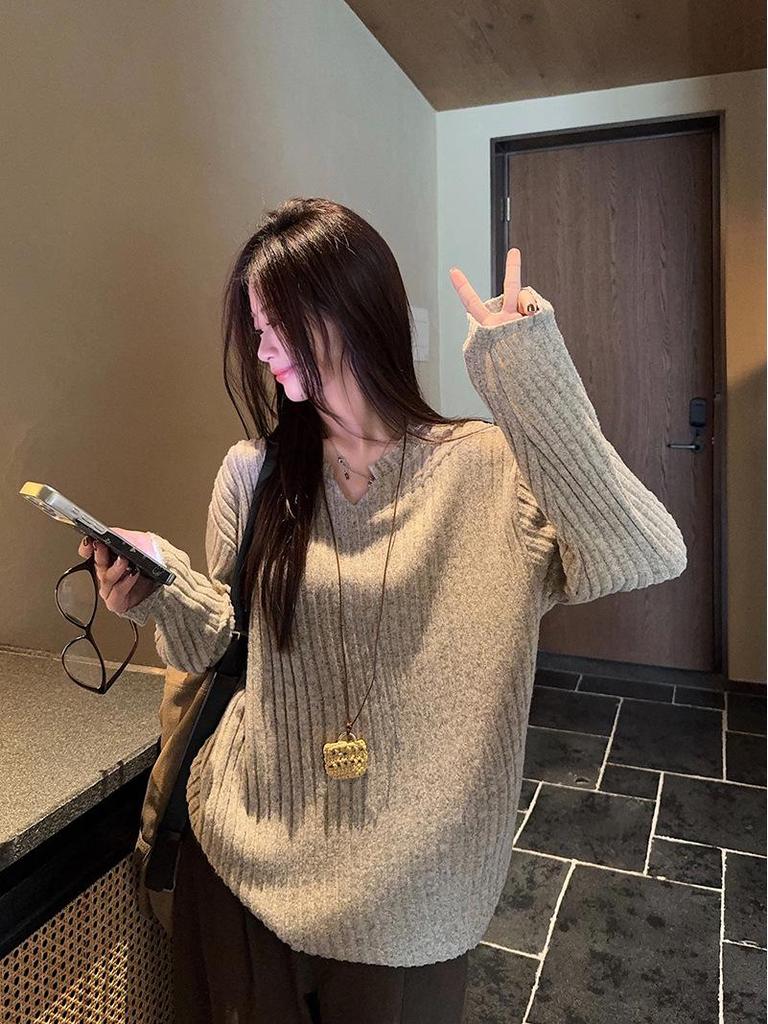 Women's Long-Sleeve Textured Brushed T-Shirt, New Spring/Autumn Korean Style, Loose Fit Versatile Base Layer Top