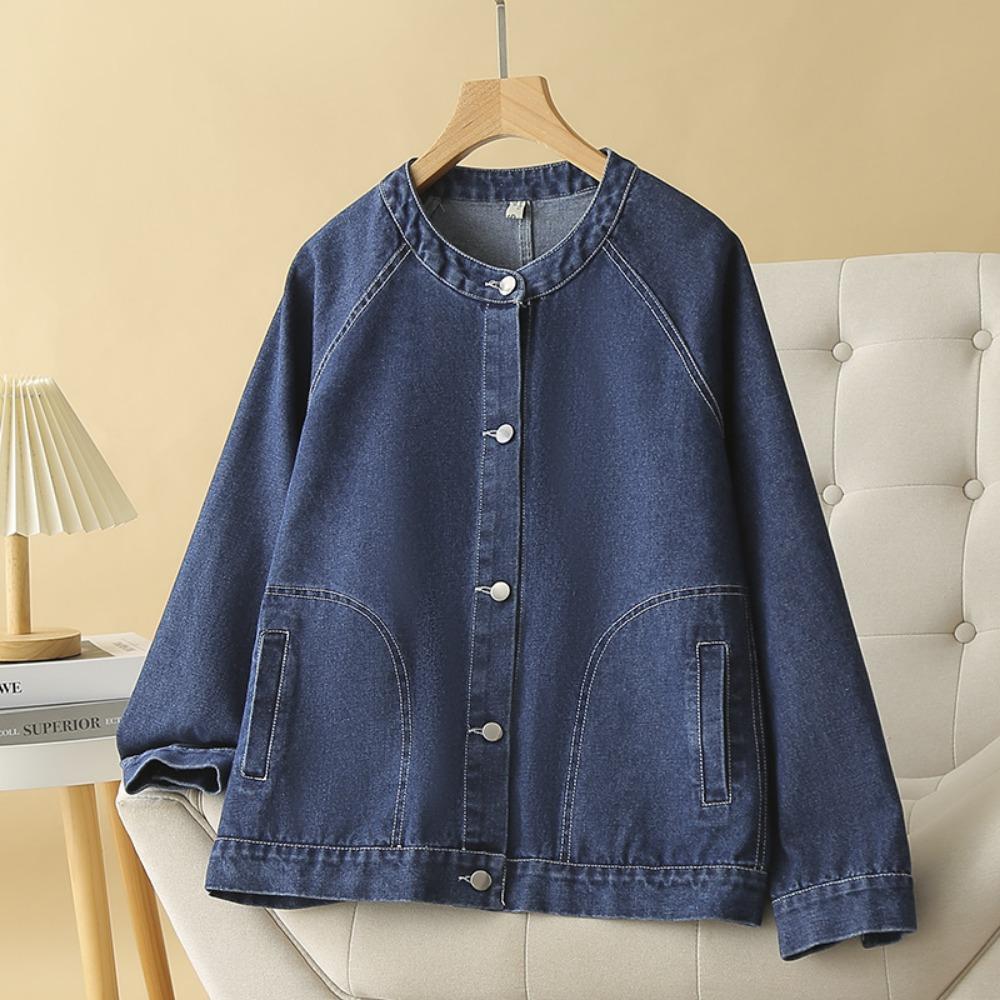 

Denim Jacket Round Neck Women s Loose Pocket Fashion Denim Cardigan Jacket M синий
