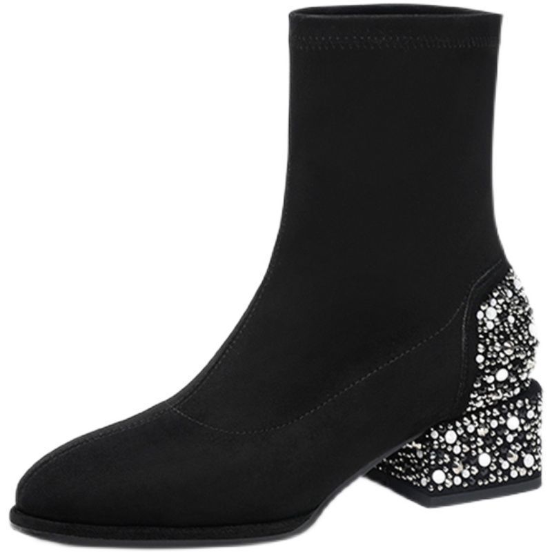 Fleece square head thick heel high heels women's autumn and winter 2025 new British wind and rhinestone suede elastic boots children