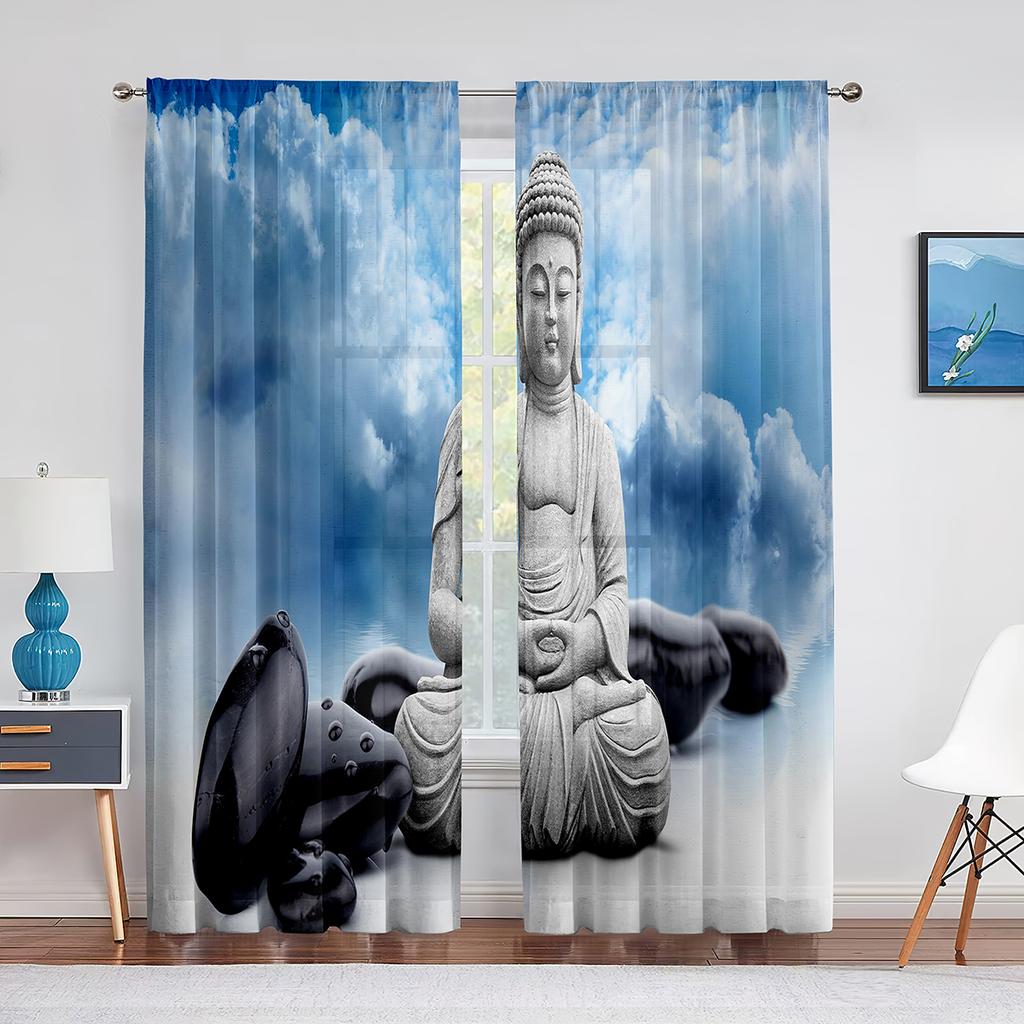 Buddhist Buddha Statue Golden Light Sunset Thin Curtain for Living Room Kitchen Window Bedroom Decor Curtains 2panels Rod Pocket