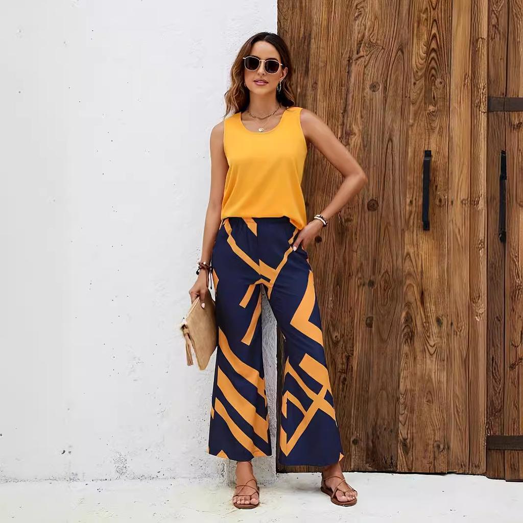 Women's set casual solid color sleeveless round neck vest geometric print trousers two-piece set