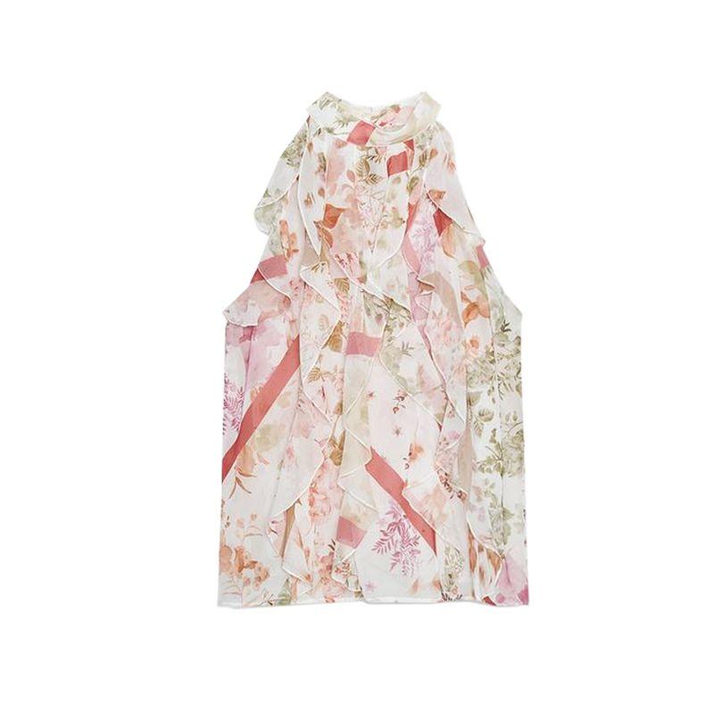 Summer New Product Women's Clothes Turtleneck Sleeveless Translucent Flower Print Laminated Decoration Tops 2298125