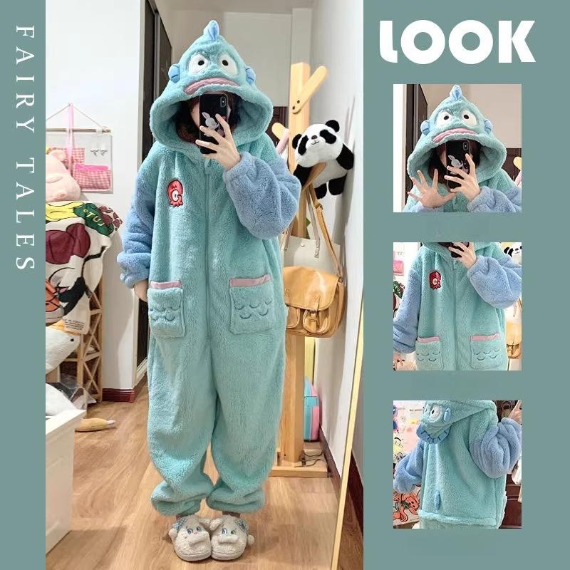 Cute Girl Leopard Print Jumpsuit Pajamas Autumn and Winter Flannel Thick Warm Hooded Home Clothing Wearable As Outerwear Homewear Comfortable Jumpsuit