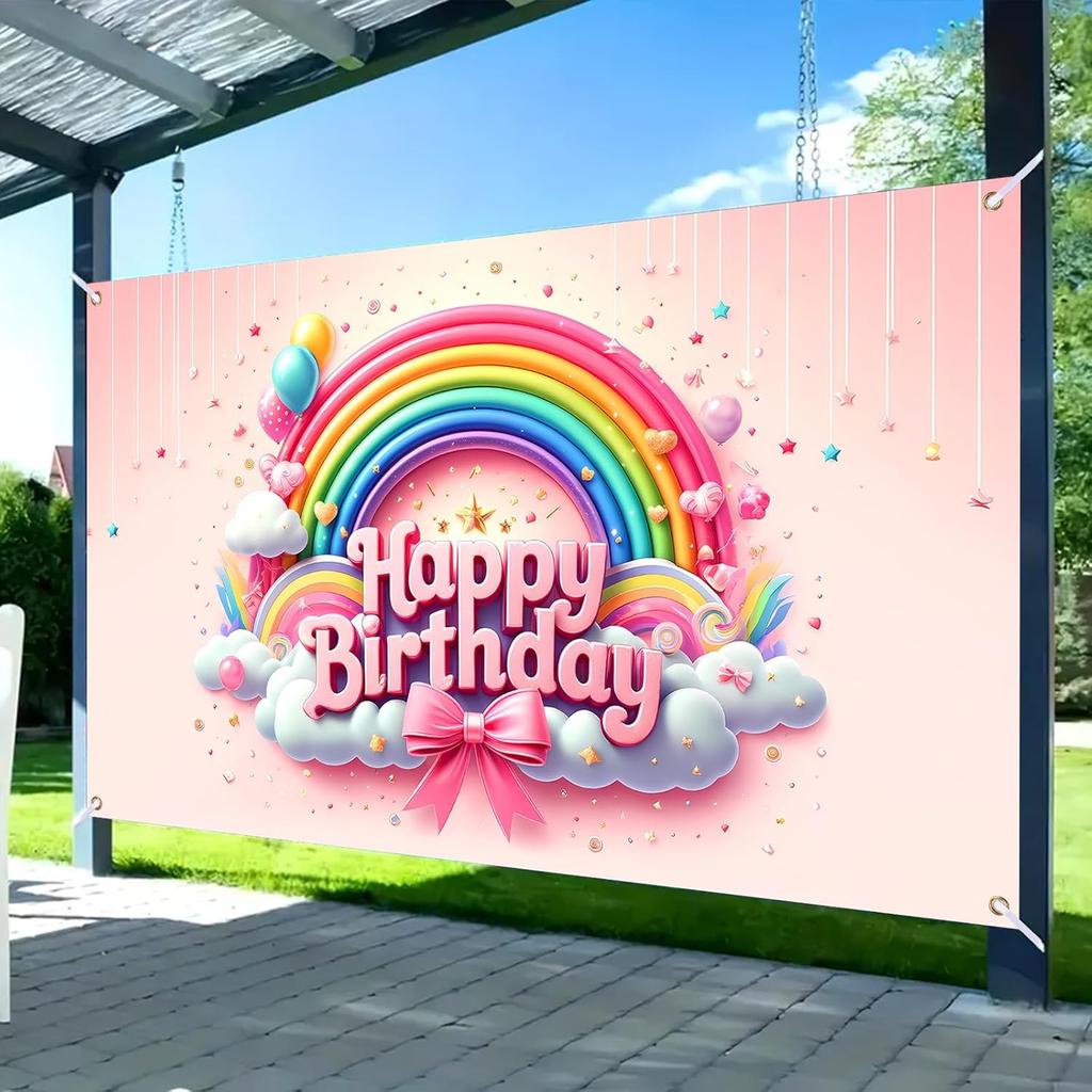 Nuxovilar Happy Birthday Banner - Large 71x43 Inch Pastel Rainbow Clouds Party Backdrop for Kids, Yard Sign, Birthday Decorations