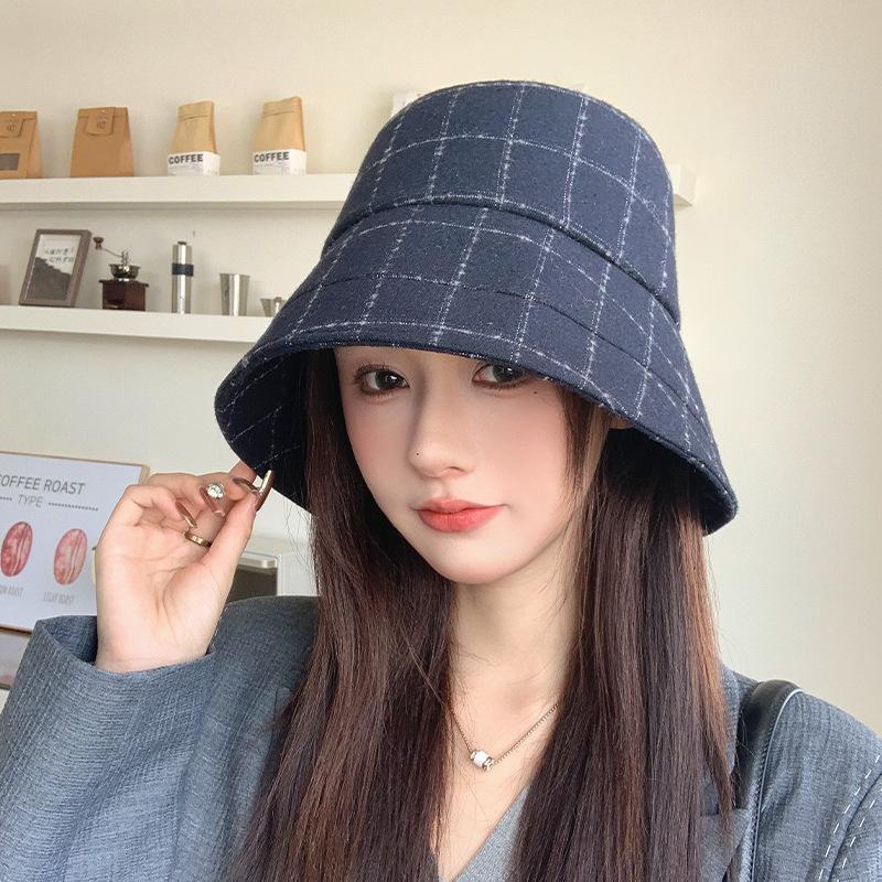 Autumn and winter plaid big eaves bucket hat advanced sense bow basin hat temperament versatile show face small hat women