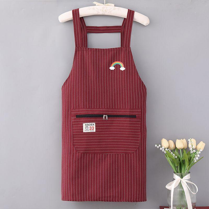 Kitchen Oil Resistant Apron Striped Zippered Linen-Cotton Apron With Straps Breathable Apron Women'S Dirt Resistant Work Clothes