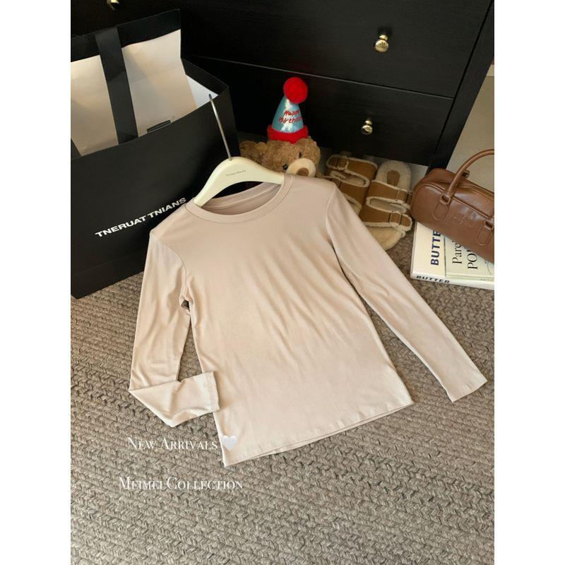 Simple Basic Pure Color All-Matching round Neck Pullover Long Sleeves T-shirt Female Autumn Soft Glutinous Inner Bottoming Shirt Ins Tops