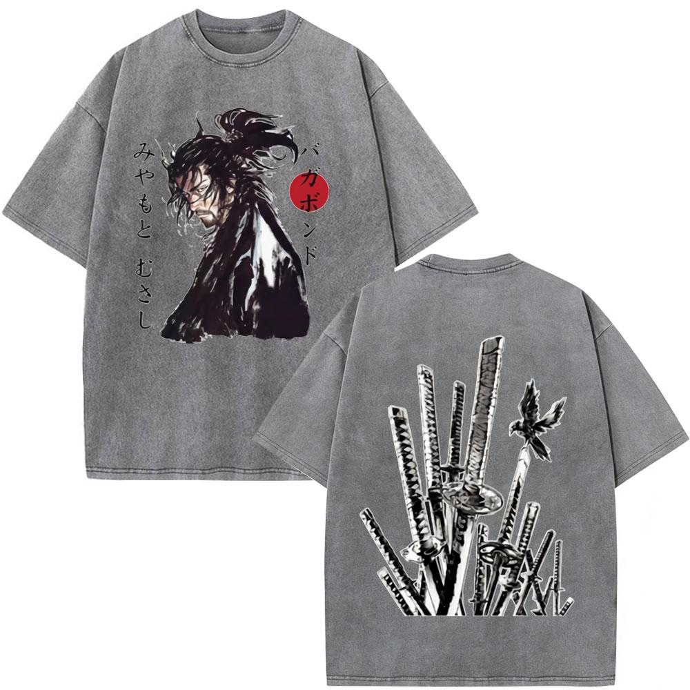 Anime Vagabond Miyamoto Musashi Vintage Washed Tshirts Men Women Clothing Fashion Casual Short Sleeve Oversized ONeck T Shirts