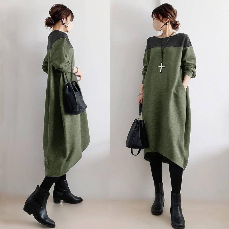 Plus Size Women Round Neck Patchwork Dress Loose Elegant Lightweight Autumn Daily Wear