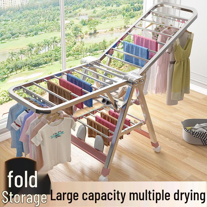 Wing-Shaped Folding Clothes Rack for Bedroom & Balcony - Retractable Floor-Standing Drying Rack.
