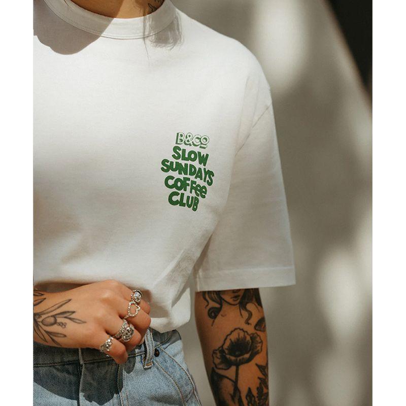 Slow Sundays Coffee Club American Retro Vintage Print Casual Cotton Short Sleeve T-shirt Women