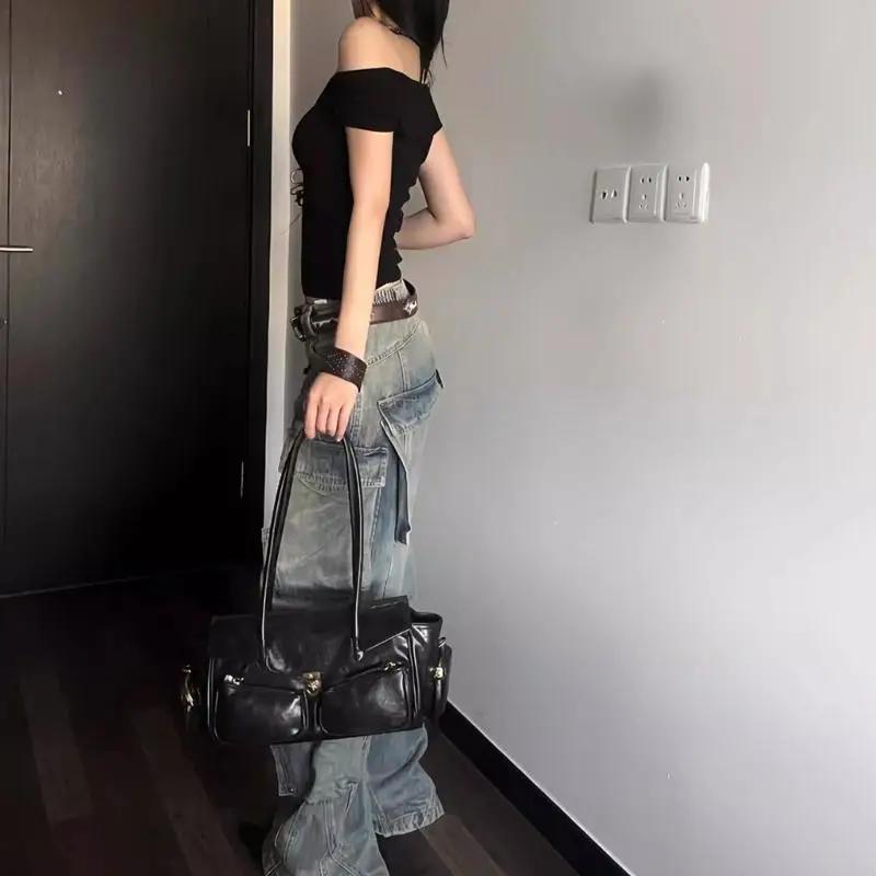 Yogodlns Vintage Unterarmtasche für Mädchen Vielseitige Handtasche Mehrfachtasche Motorradtasche Luxus Designer Handtasche Spaghetti-Träger Ledertasche