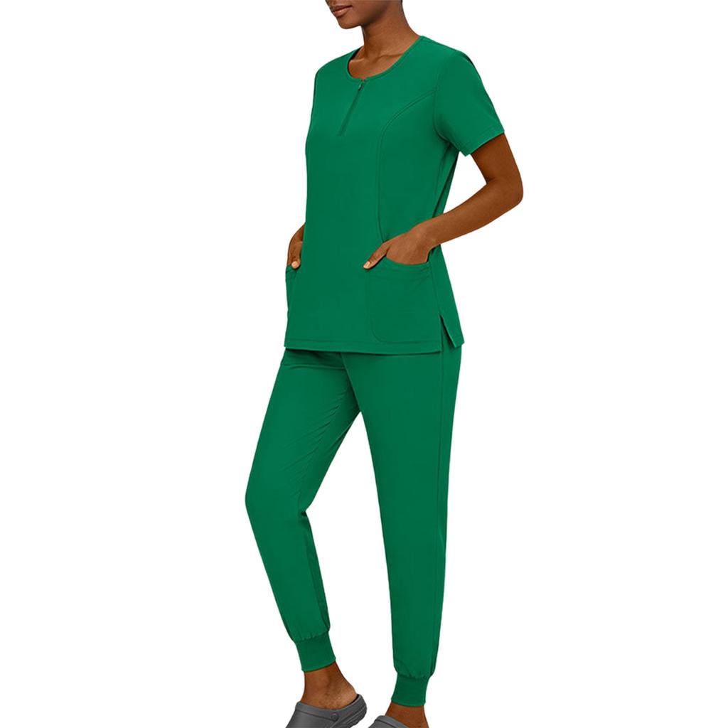 Women's Short Sleeved Color Round Neck Pocket Top Pants Work Clothes Two Piece Set