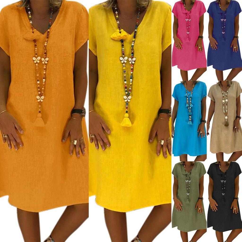 Stylish Summer Women's Short Sleeves V-neck Tunic Midi Dress For Plus Size Fashion