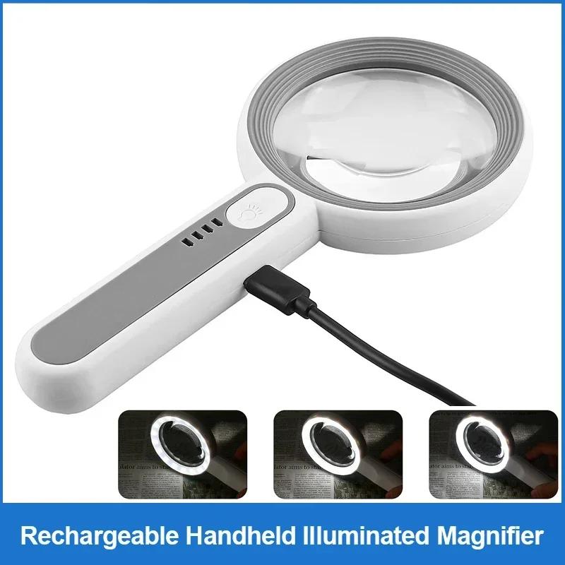 Rechargeable 12X Handheld Magnifier with LED Light 3 Modes Senior Reading Jewelry Craft Repair Inspection Tool