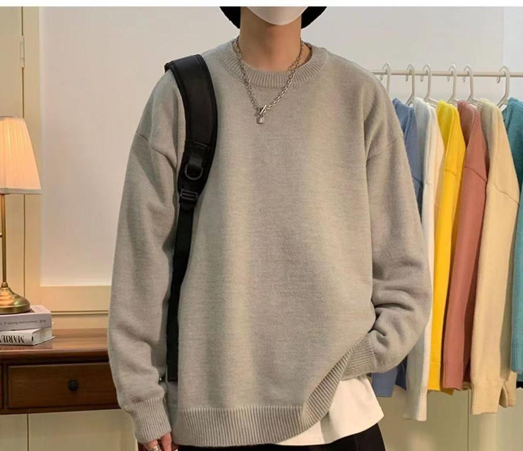 Men's Autumn Round Neck Sweater: Trendy, Handsome, Versatile Solid Color Hong Kong Style Casual Loose Top