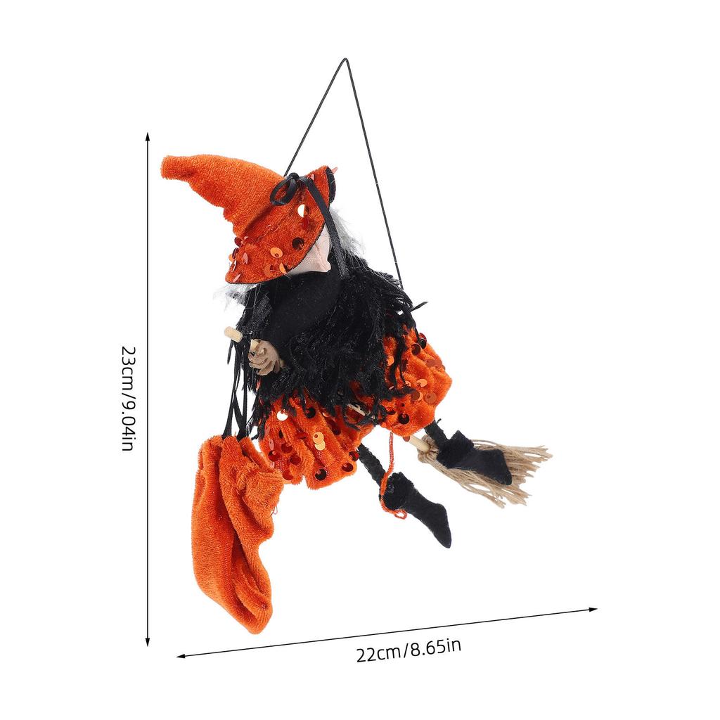 Spooky Flying Witch On Broomstick Hanging Decoration Fabric Wood Jute Rope Halloween Prop for Indoor Outdoor Haunted House